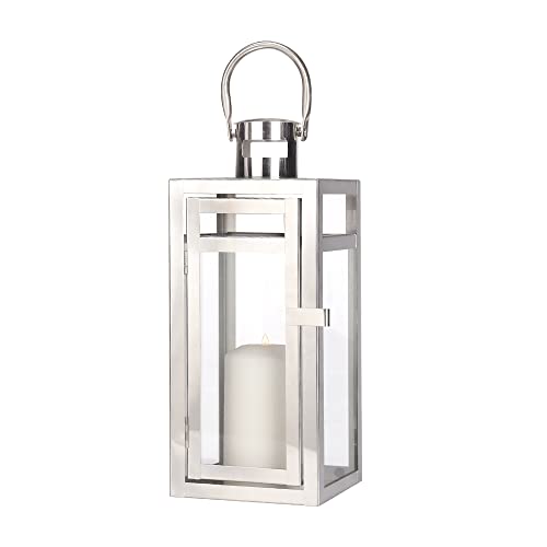 TRIROCKS Stainless Steel Decorative Lantern 30cm High Metal Hanging Candle Holder with Clear Glass Panels Perfect for Home Decor Living Room Parties Events Tabletop Indoors Outdoors (Silver) - Image 2