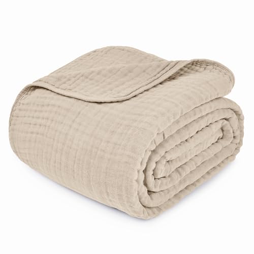 Comfy Cubs Adult Muslin Blanket Twin, 229 x 168 cm - Soft, Six-Layered, Lightweight, Breathable Cotton Blanket for All Seasons - Machine Washable, Stylish Home Decor - Sand