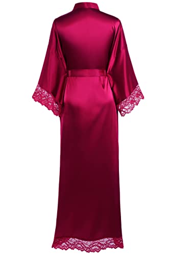 Image of BABEYOND Satin Kimono Robe Silky Long Bridesmaid Wedding Lightweight Bath Robe with Lace Trim
