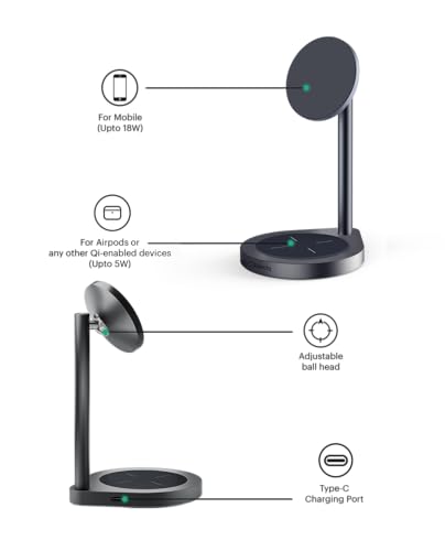 Image of DailyObjects Surge Max 2-in-1 Magnetic Wireless Charging Station - 18W | Compatible with iPhone 12 and Above & All Qi Enabled Smartphones, Earbuds| Fast Charging | USB Type C Port - Grey