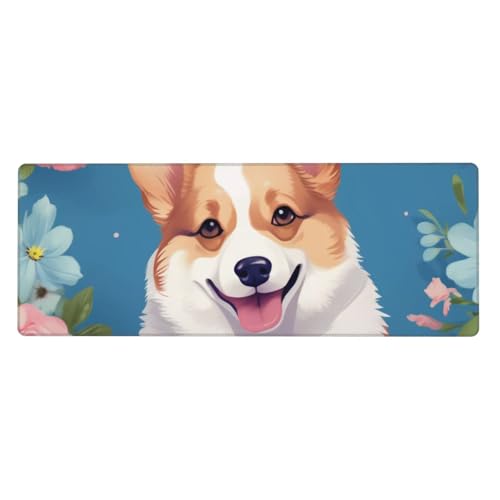 Tapis de souris XXL corgi floral 80x30 cm antidérapant pour le bureau