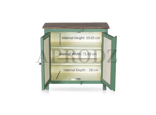 Image of APRODZ 2 Door Cabinet with Wicker Front 2 Shelves | Mango Wood Storage Organizer | Rustic Durable Stylish Wooden Furniture | Compact Design Home Decor (Premium Olive Green)