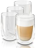 VASOS DE DOBLE PARED: 4 tazas de latte macchiato de vidrio borosilicato transparente con capacidad de 350 ml | Altura: 13 cm | Diámetro: 7,5 cm | Apto para lavavajillas.
