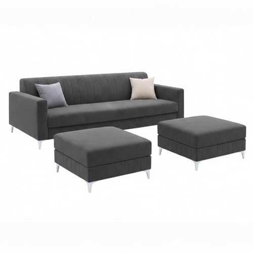 Image of Amelia 5 Seater L Shape Sofa Set with 2 Movable Ottomans | Flexible Layout | Rich Velvet Suede Fabric | Silver Legs | Spacious Seating | Modern Sofa for Living Room (Dark Grey)