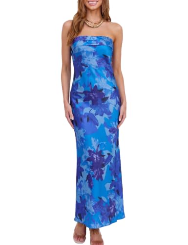 Image of Realtix Summer Satin Strapless Backless Maxi Dress for Women Wedding Guest