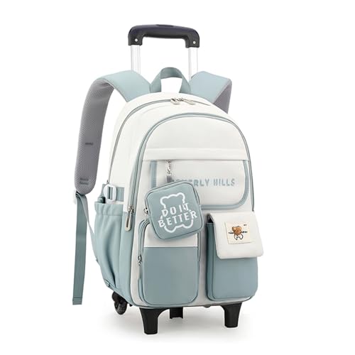 ZHANAO Color-blocking Rolling Backpack for Girls,Kawaii School Bag with Wheels,Trolley Bookbags for Primary Students