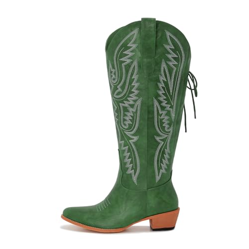 Image of Uillnoodu Wide Calf Cowboy Boots Women Adjustable Lace Up Knee High Tall Plus Size Cowgirl Boots Western Style Comfortable 2-Inch Heel