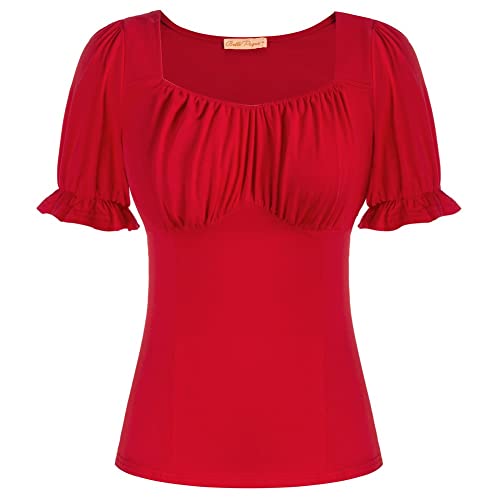 Belle Poque Donna Camicia Maniche Corte a Sbuffo Slim Fit Scollo a Cuore Elegante Classico Rosso Camicia Vintage bp376-1 M