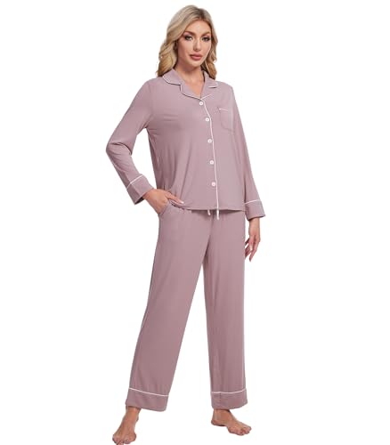 Image of Pajamas Set for Women Soft Knit Button Down Sleepwear 2 Piece Breathable Viscose from Bamboo Pjs S-XXL