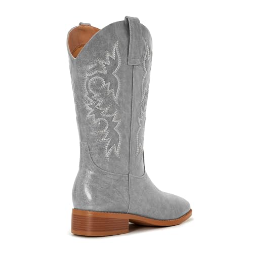 Image of Cowgirl Boots Square Toe Cowboy Boots For Women Ladies Mid Calf Low Heel Flat