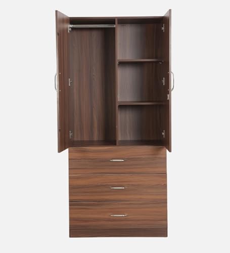 Image of Mintwud Pepperfry Engineered Wood Wardrobe with 2 Doors, 3 Drawers Storage and 1 Hanging Rod | Wooden Almirah Cupboard for Clothes Storage Organizer for Living Room Home Furniture (Brown Finish)