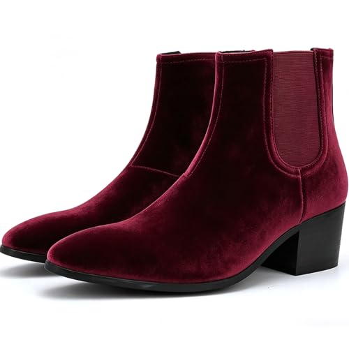 Image of Men'S Classic Leather Chunky Heel Chelsea Boots With Side Zipper Fashion Pointed Toe Elastic Band High Top Block High Heel Formal Chukka Booties For Casual Business Party Wedding