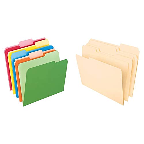 Pendaflex Two-Tone Color File Folders, Letter Size, Assorted Colors, 1/3 Cut, 100 per box (152 1/3 ASST) & File Folders, Letter Size, 8-1/2%22 x 11%22, Classic Manila, Right, 100 Per Box