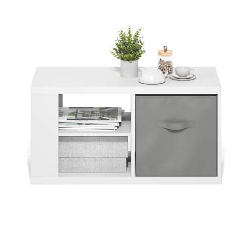 Image of Furinno Viola 3-Tier Modern Coffee Table, Printer Stand, White /Light Grey | 1.2-inch Extra Thick Tabletop Center Table, Side Table, Open Shelf, 1x Storage Bin, for Living Room, Bedroom, Home Office