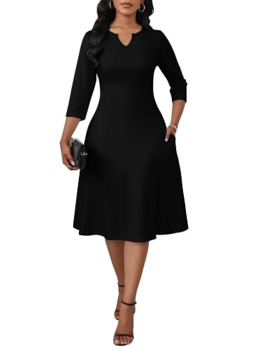 Image of PinkPatty Women's Casual 3 /4 Sleeve Midi Dresses Fit and Flare Church Work Dress with Pockets