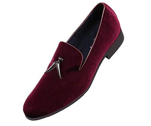 Amali Heath - Mens Dress Shoes with Gunmetal Horn Tassels with Luxurious Velvet - Formal Loafers for Men - The Original Smoking Men Slip-On - Burgandy Size 13