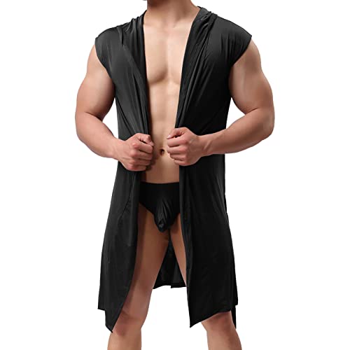Men's Satin Robe Solid Sexy Silk Spa Sleeveless House Kimono Bathrobe Lightweight Comfy Sleepwear Casual Pajamas