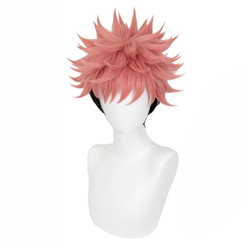 Maingua Mens Short Wavy Wig Pink Ombre Black Bangs Anime Styling Wig for Halloween itadori Cosplay