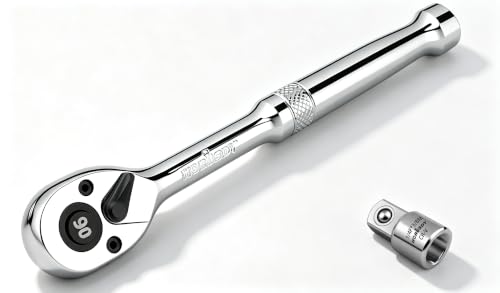 HORUSDY 1/4 Drive 90-Tooth Quick-Release Ratchet Handle with 1/4 to 3/8 Adapter Reversible Thin Profile Socket Wrench 4 Swing Arc Ergonomic Anti-Slip Grip Ideal for Auto Bike & Home Repair