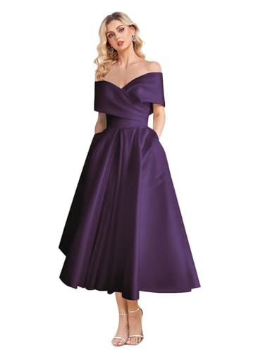 Image of Women's Off Shoulder Wedding Dress for Bride Tea Length A Line Satin Formal Prom Dresses with Pockets