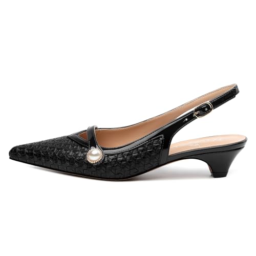 Womens Heeled Slingback Pumps, Pointed Toe Low Thick Kitten Heel Slingback Shoes for Women, Embossed Woven Shoes with Pearl Decoration 1.2"2