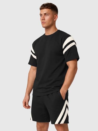 Image of CHKOKKO Men's Co-Ord Set Premium Cotton Blend Oversized T-Shirt & Shorts Cord Set with Side Pockets Round Neck Half Sleeves Solid with Contrasting Stripes Summer or Casual Wear