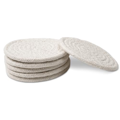 Image of Encasa XO Drink Coasters Set of 6 | Off White with Round (9 cm) | Handcrafted Ribbed Cotton | Absorbent & Heat-Resistant | Use for Tea, Coffee Table & Desk