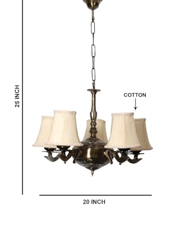 Image of Devansh 05 Lights Off-White Round Cotton Shade with Antique Golden Chandelier -H