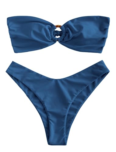 Image of ZAFUL Women's Bandeau Bikini O Ring Strapless Tie Back High Cut Two Piece Swimsuit Bathing Suits