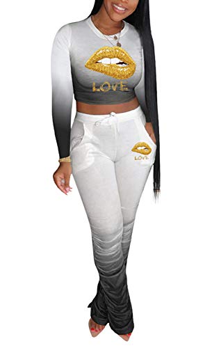 Fall Sweatsuit for Women Long Sleeve Crop Top Love Print High Waist Drawstring Pants Set 2 Pc Outfits Workout Set