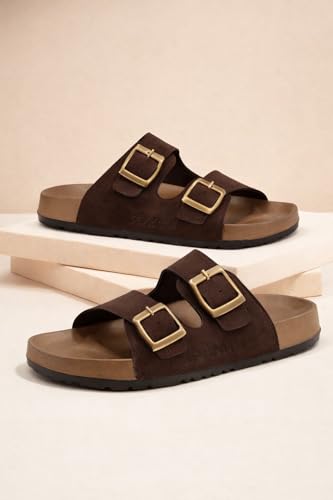 Image of Men's Double Buckle Sandals | Adjustable Strap Slip-On Comfort Slides | Cushioned Footbed Anti-Skid Casual Slippers for Regular Wear Indoor Outdoor