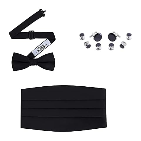 S.H. Churchill & Co. Black Bowtie, Cummerbund, Cufflinks & Studs Set – Classic Formal Accessories for Wedding, Prom, or Black-Tie Event Cover