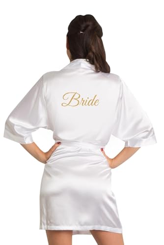 Image of Women's Silky Satin Short Bride Robe | Ultra Soft & Comfortable, Stylish Full Sleeve Lace Tie Nightdwear /Sleepwear for Bride Bridemaid- Pack of 1
