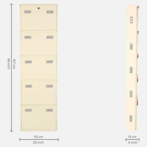 Image of Metal Shoe Rack Wall Mounted for Home with Central Locking | 5 Door 20 inch Wall Mounted Metal 10 Pair Shoe Rack Cabinet | Pre-Assembled Rack Shelves | 3 Year Warranty (Ivory)