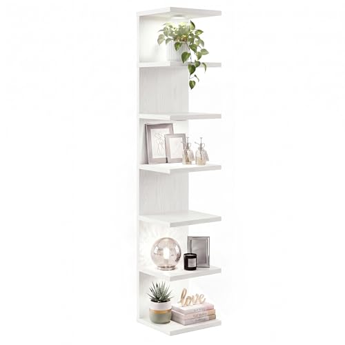 HONGOUZWL 7-Tier Floating Shelves for Wall Corner Shelf with LED Lights Lack Shelf for Home Organizer Display Space-Saving for Kitchen Living Room Bedroom Modern White