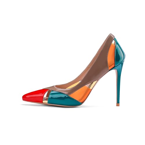 Women's Multicoloured Cutout Stiletto Pumps,Geometric Color Block Pointed Toe High Heels 4 Inch2