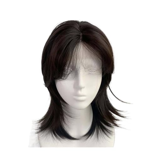 Perruque synthétique cheveux courts noire avec frange superposée pour femme
