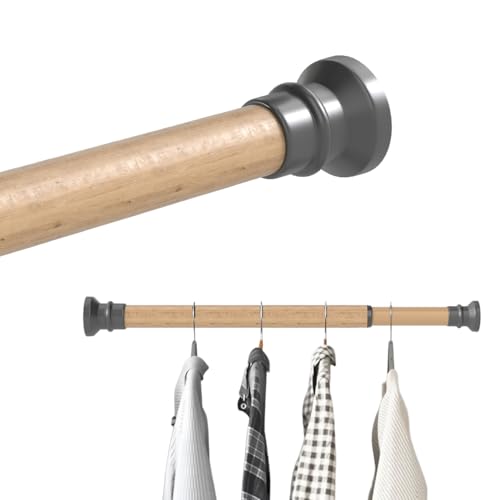 Hershii Extendable Wardrobe Rail 40-56cm, Adjustable Shower Curtain Rod, Clothes Hanging Tension Pole, No Drilling, Telescopic Rods for Kitchen Closet Cupboard Bathroom Window, Light Wood Grain