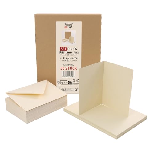PresentFill 50er Set blanko Falt-Karten inkl. Briefumschläge ohne Fenster Beige Creme I Klappkarten DIN A6 I Umschläge C6 I Made in Germany I 100% Recycling Kraftpapier I Blauer Engel zertifiziert