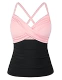 Picture of Hilor Women Tummy Control Tankini Bathing Suit Tops Wrap Twist V Neck Swimsuits Ruched Slimming Top Swimwear Gossamer Pink&Black 10