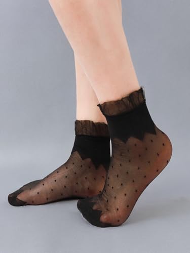 Image of OYOANGLE Women's 8 Pairs Mesh Lace Socks Lightweight Transparent Novelty Crew Socks Black Beige One Size