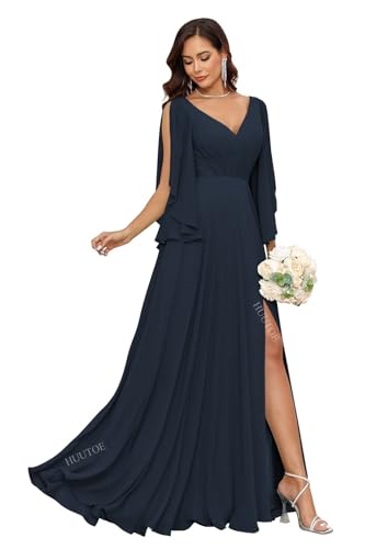 Image of HUUTOE Ruffle Sleeve Chiffon Navy Blue Long Bridesmaid Dress with Slit V Neck A-Line Formal Summer Wedding Guest Dresses for Women XL US14