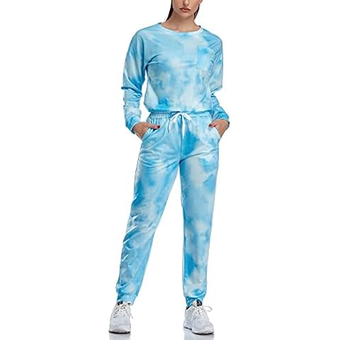 CUNYI Womens Two Piece Tie Dye Tracksuit Set Long Sleeve Sweatshirt & Drawstring Sweatpants Sweatksuit Sport Workout Outfits Lounge Wear, Sky Blue XL Cover