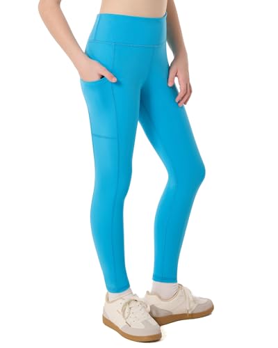 Moozava Girls Athletic Leggings with Pockets Kids High Waisted Dance Pants Yoga Workout Running Cheer Gymnastics Tights L Brilliant Blue