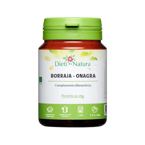 Dieti Natura Aceite de Onagra Perlas - 200 Perlas de Onagra Borraja 1000mg (4 Perlas) - Aceite Onagra Perlas Fabricadas en Francia - Favorece el Cuidado de la Piel - Garantía sin OGM