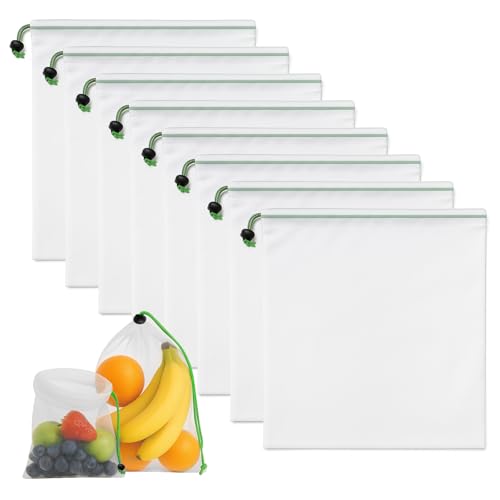 8 Stück Obst Gemüse Groß Netztasche, 30x35 cm Wiederverwendbar Transparente Einkaufstasche Netzbeutel mit Kordelzug Mesh, Gemüsebeutel Bag zur Aufbewahrung für Lebensmittel, Obst, Haushalt, Spielzeug
