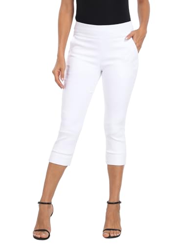 HDE Pull On Dressy Capri Pants for Women Mid Rise Stretch 19 Inseam Pedal Pushers with Pockets Casual Dressy Office Capris White - M
