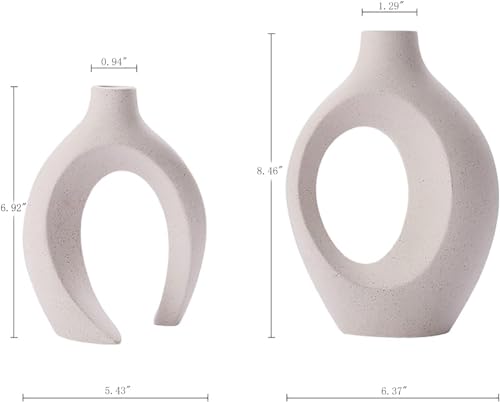 White Ceramic Vase for Decor, Modern Home Décor Set of 2, Circle Matte Hollow Donut Pampas Flower Vases Nordic Boho Ins Style Wedding Dinner Table Living Room Office Bedroom Big