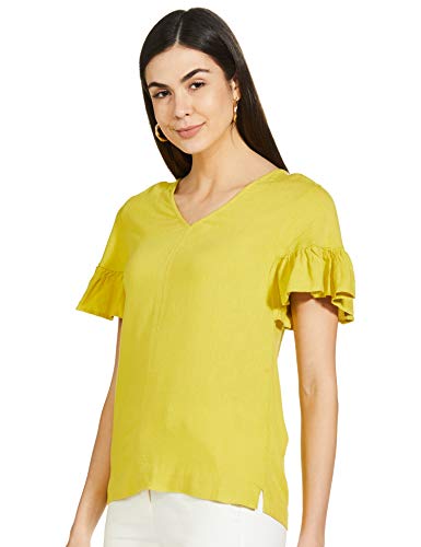 Image of Marks & Spencer Womens Solid Linen Blend V-Neck Regular Fit Top
