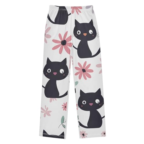Cat Spring Flowers Boys Long Pants Soft Trousers Elastic Waist Kids Lounge Bottoms with Pockets S-XL